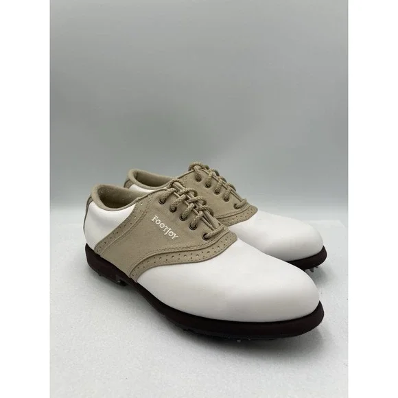 FOOTJOY GreenJoys Womens White Leather Khaki Trim Golf Shoes Size 7.5 M - Picture 1 of 10
